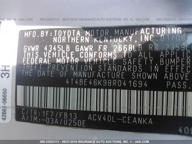 4T4BE46K98R041694 - 2008 TOYOTA CAMRY CE/LE/XLE/SE SILVER photo 9