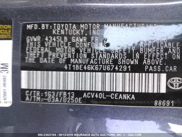 4T1BE46K67U674291 - 2007 TOYOTA CAMRY NEW GENERAT CE/LE/XLE/SE GRAY photo 9