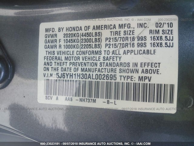 5J6YH1H30AL002695 - 2010 HONDA ELEMENT LX GRAY photo 9