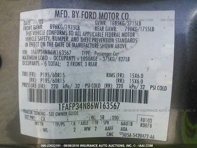 1FAFP34N86W163567 - 2006 FORD FOCUS ZX4 GRAY photo 9