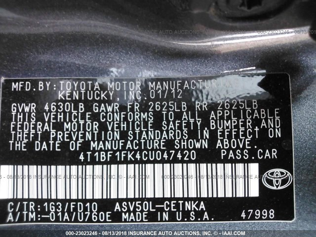 4T1BF1FK4CU047420 - 2012 TOYOTA CAMRY SE/LE/XLE 灰色 照片 9