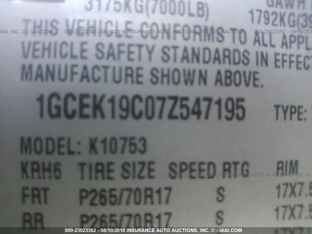 1GCEK19C07Z547195 - 2007 CHEVROLET SILVERADO K1500 GRAY photo 9