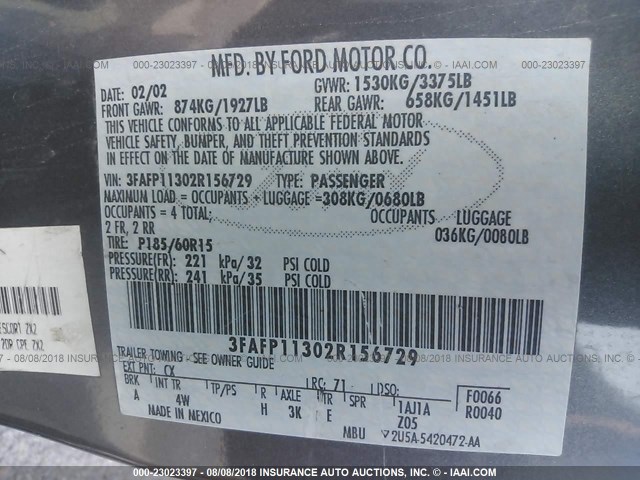 3FAFP11302R156729 - 2002 FORD ESCORT ZX2 GRAY photo 9