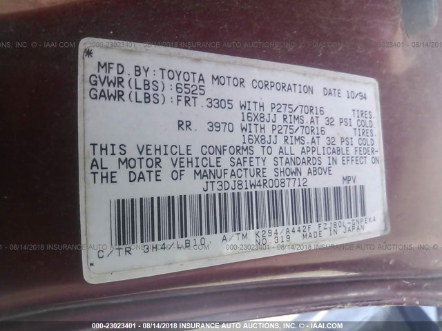 JT3DJ81W4R0087712 - 1994 TOYOTA LAND CRUISER DJ81 BURGUNDY photo 9