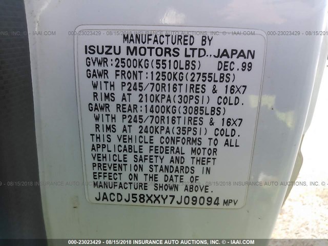 JACDJ58XXY7J09094 - 2000 ISUZU TROOPER S/LS/LIMITED 白色 照片 9