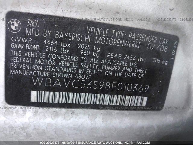 WBAVC53598F010369 - 2008 BMW 328 I SULEV WHITE photo 9