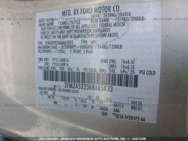 2FMZA52236BA65833 - 2006 FORD FREESTAR SEL SILVER photo 9