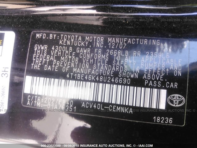 4T1BE46K48U246690 - 2008 TOYOTA CAMRY CE/LE/XLE/SE BLACK photo 9