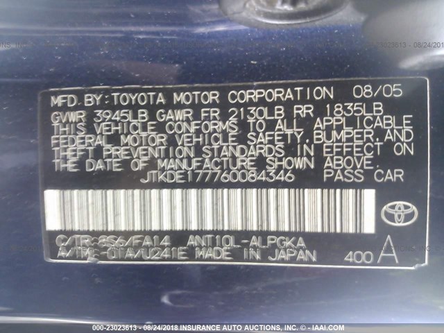 JTKDE177760084346 - 2006 TOYOTA SCION TC ლურჯი ფოტო 9