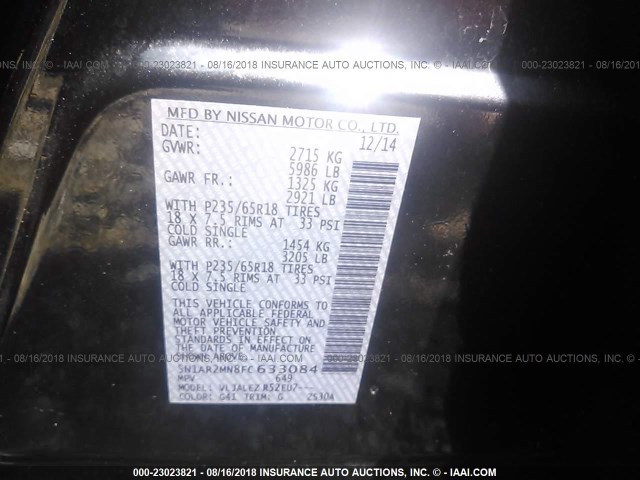 5N1AR2MN8FC633084 - 2015 NISSAN PATHFINDER S/SV/SL/PLATINUM BLACK photo 9