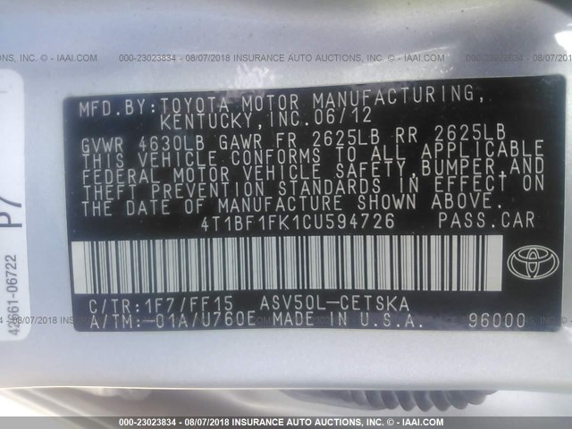 4T1BF1FK1CU594726 - 2012 TOYOTA CAMRY SE/LE/XLE SILVER photo 9