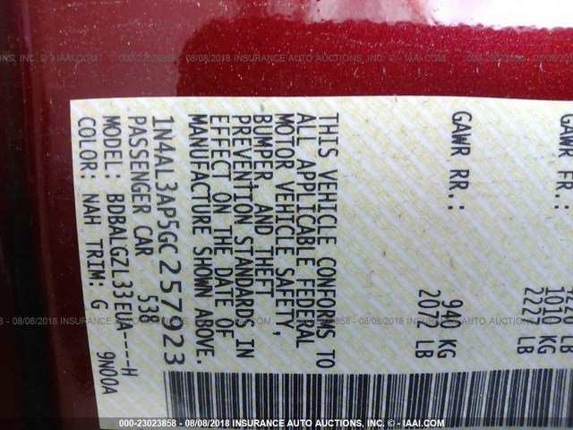 1N4AL3AP5GC257923 - 2016 NISSAN ALTIMA 2.5/S/SV/SL/SR 红色 照片 9