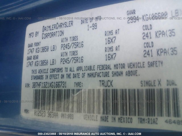 3B7HF13Z1XG166731 - 1999 DODGE RAM 1500 BLUE photo 9