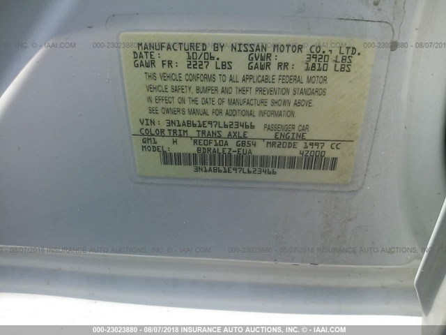 3N1AB61E97L623466 - 2007 NISSAN SENTRA 2.0/2.0S/2.0SL WHITE photo 9