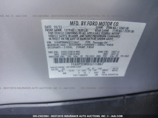 1FAHP2EW0CG115867 - 2012 FORD TAURUS SEL SILVER photo 9