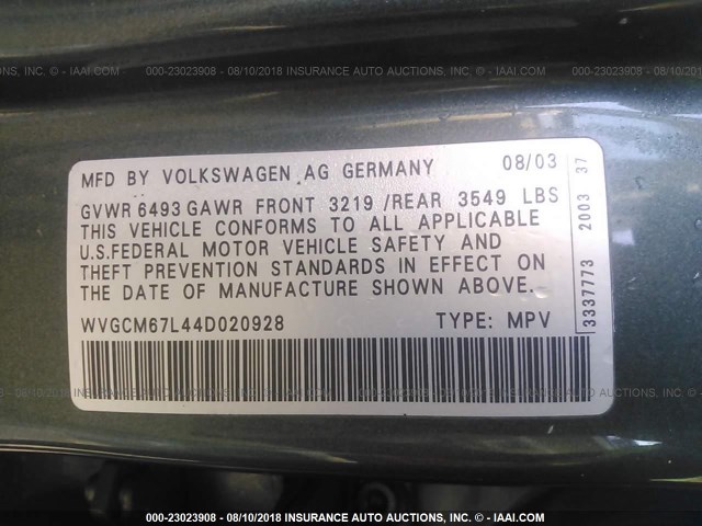 WVGCM67L44D020928 - 2004 VOLKSWAGEN TOUAREG 4.2 GREEN photo 9