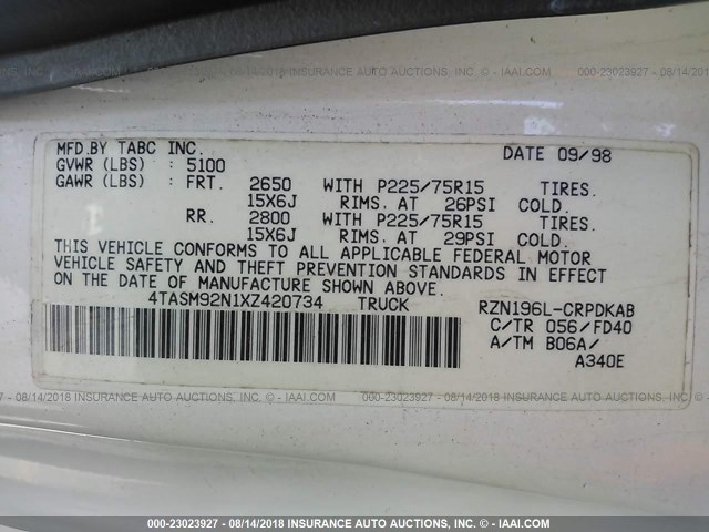 4TASM92N1XZ420734 - 1999 TOYOTA TACOMA XTRACAB PRERUNNER თეთრი ფოტო 9