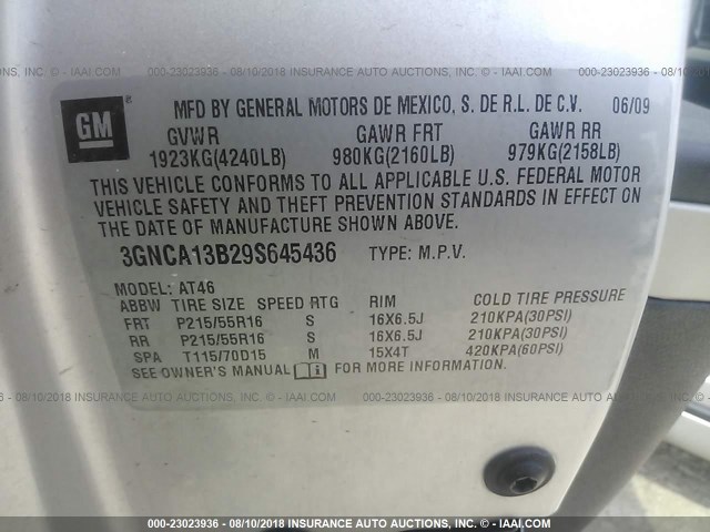 3GNCA13B29S645436 - 2009 CHEVROLET HHR LS SILVER photo 9