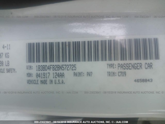 1B3BD4FB2BN572725 - 2011 DODGE AVENGER EXPRESS 白色 照片 9