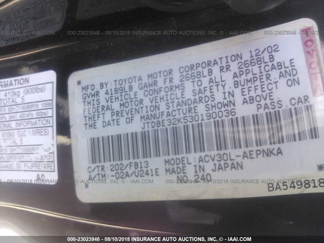 JTDBE32K530190036 - 2003 TOYOTA CAMRY LE/XLE BLACK photo 9