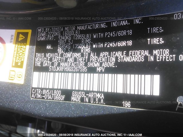 5TDJKRFH9GS267595 - 2016 TOYOTA HIGHLANDER XLE ლურჯი ფოტო 9