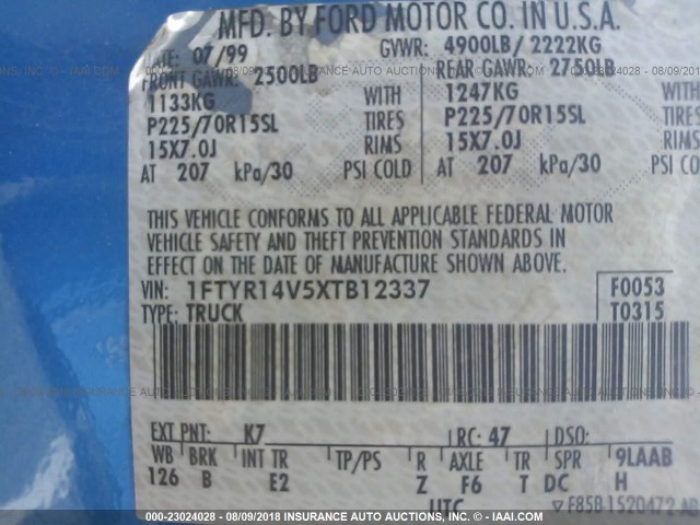 1FTYR14V5XTB12337 - 1999 FORD RANGER SUPER CAB BLUE photo 9