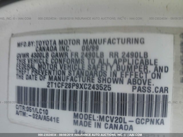 2T1CF28P9XC243525 - 1999 TOYOTA CAMRY SOLARA SE/SLE WHITE photo 9