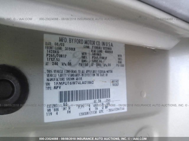 1FMPU16W74LA01862 - 2004 FORD EXPEDITION XLT GOLD photo 9