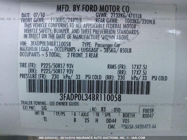 3FADP0L34BR110058 - 2011 FORD FUSION HYBRID WHITE photo 9