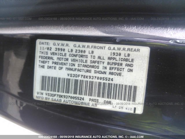 YS3DF78K937005524 - 2003 SAAB 9-3 SE შავი ფოტო 9