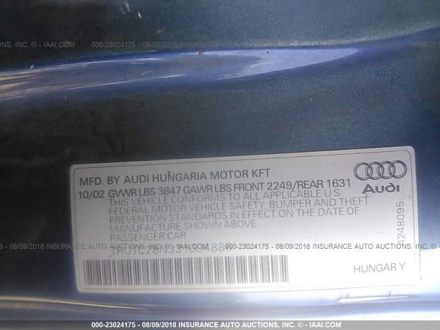 TRUTC28N331004886 - 2003 AUDI TT BLUE photo 9