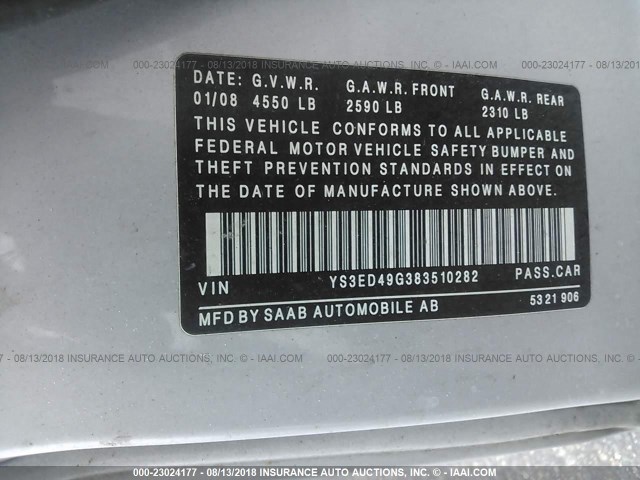 YS3ED49G383510282 - 2008 SAAB 9-5 2.3T GRAY photo 9