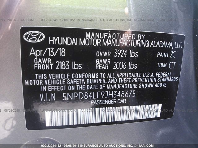 5NPD84LF9JH348675 - 2018 HYUNDAI ELANTRA SEL/VALUE/LIMITED SILVER photo 9