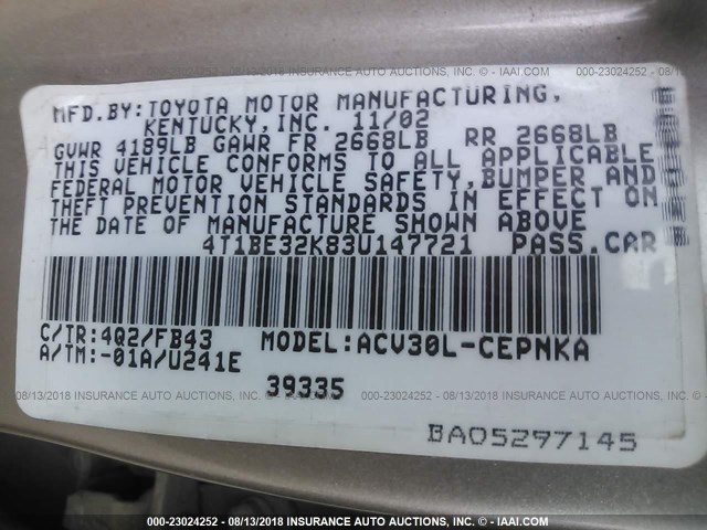 4T1BE32K83U147721 - 2003 TOYOTA CAMRY LE/XLE/SE Qəhvəyi foto 9