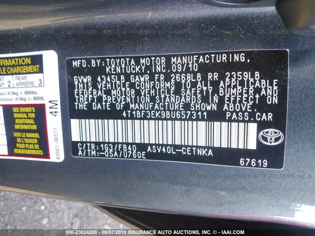 4T1BF3EK9BU657311 - 2011 TOYOTA CAMRY SE/LE/XLE GRAY photo 9