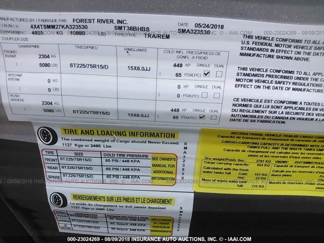 4X4TSMM27KA323530 - 2019 FOREST RIVER 36BHBS SALEM  白色 照片 9