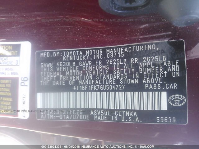 4T1BF1FK7GU504727 - 2016 TOYOTA CAMRY LE/XLE/SE/XSE 红色 照片 9