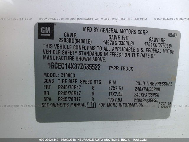 1GCEC14X37Z635522 - 2007 CHEVROLET SILVERADO C1500 CLASSIC WHITE photo 9