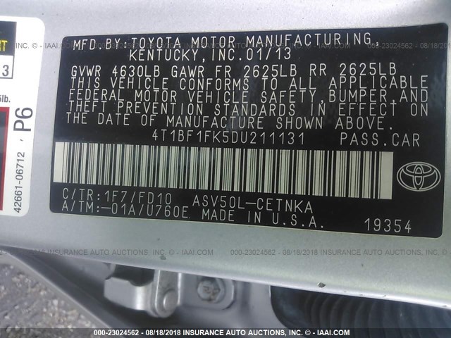 4T1BF1FK5DU211131 - 2013 TOYOTA CAMRY L/SE/LE/XLE 银色 照片 9