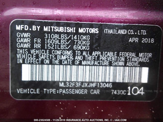 ML32F3FJXJHF13046 - 2018 MITSUBISHI MIRAGE G4 ES Bordo foto 9