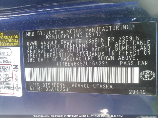 4T1BE46K57U164224 - 2007 TOYOTA CAMRY NEW GENERAT CE/LE/XLE/SE BLUE photo 9