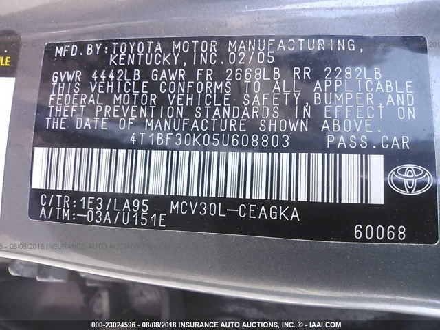 4T1BF30K05U608803 - 2005 TOYOTA CAMRY LE/XLE/SE 灰色 照片 9