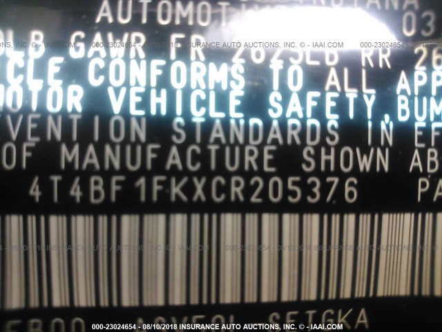 4T4BF1FKXCR205376 - 2012 TOYOTA CAMRY SE/LE/XLE შავი ფოტო 9