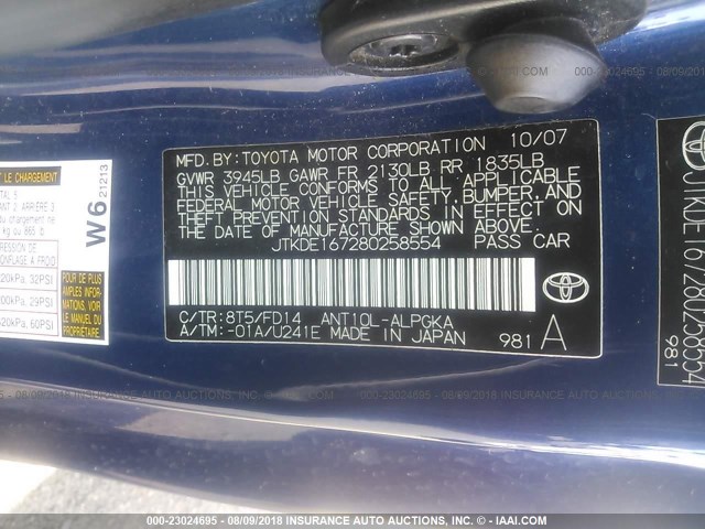 JTKDE167280258554 - 2008 TOYOTA SCION TC 蓝色 照片 9