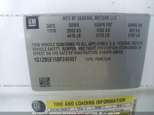 1G1ZB5E15BF249497 - 2011 CHEVROLET MALIBU LS Ağ foto 9