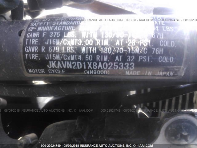 JKAVN2D1X8A025333 - 2008 KAWASAKI VN900 D BLUE photo 10