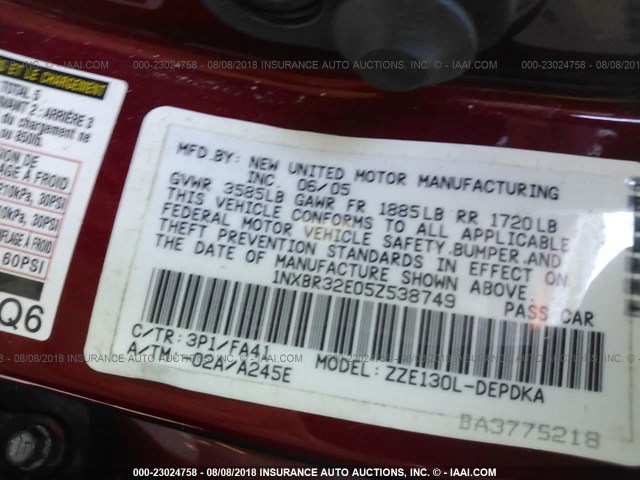 1NXBR32E05Z538749 - 2005 TOYOTA COROLLA CE/LE/S RED photo 9