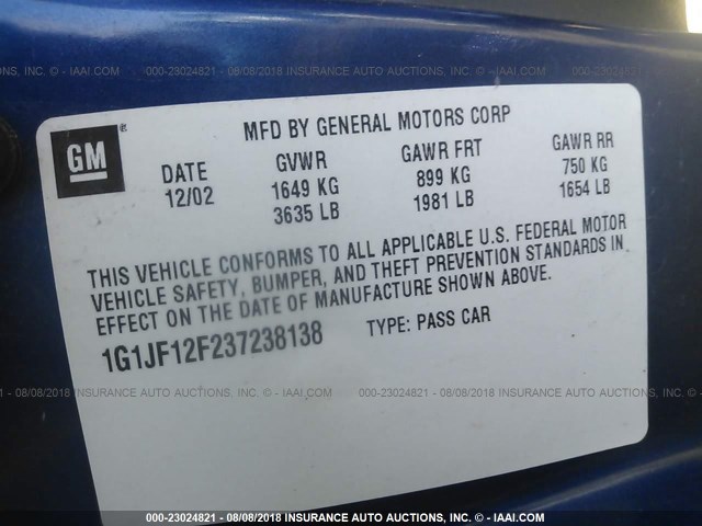 1G1JF12F237238138 - 2003 CHEVROLET CAVALIER LS 蓝色 照片 9