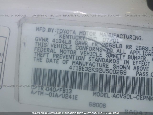4T1BE32K92U500269 - 2002 TOYOTA CAMRY LE/XLE/SE Ağ foto 9