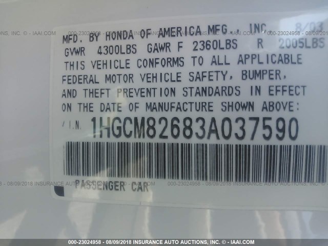 1HGCM82683A037590 - 2003 HONDA ACCORD EX WHITE photo 9